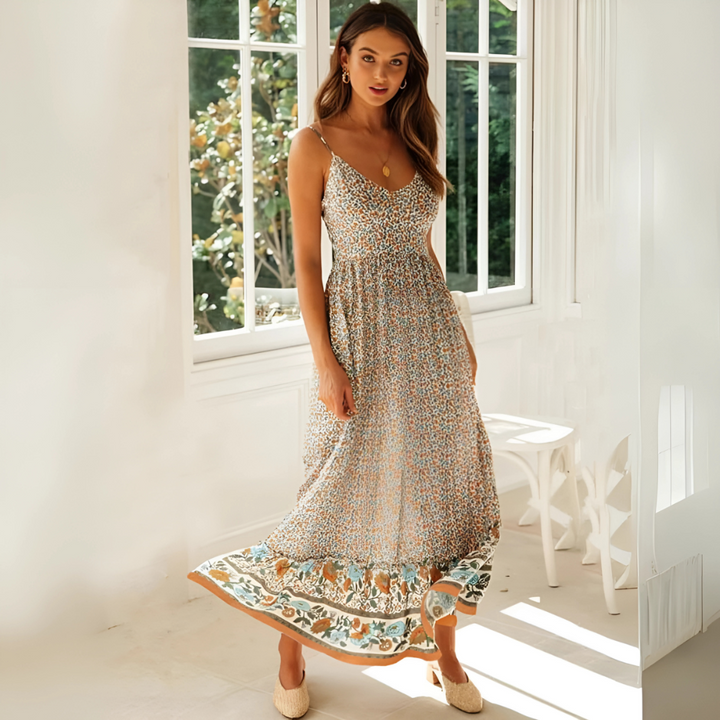 Sylwia – Desenli Bej Renkli Boho Elbise