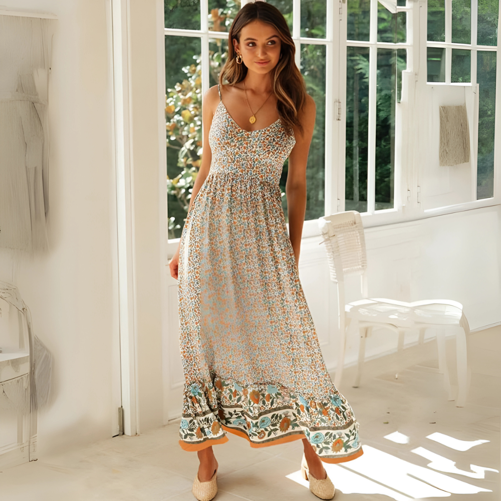 Sylwia – Desenli Bej Renkli Boho Elbise