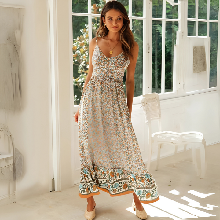 Sylwia – Desenli Bej Renkli Boho Elbise