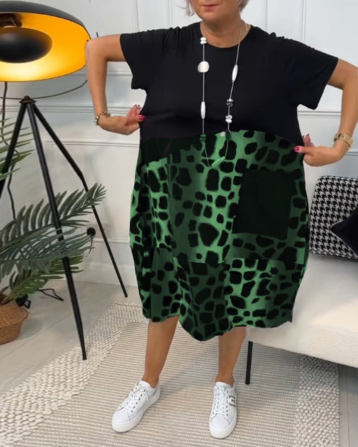 Allison - Şık Kısa Kollu Leopar Desenli Midi Elbise