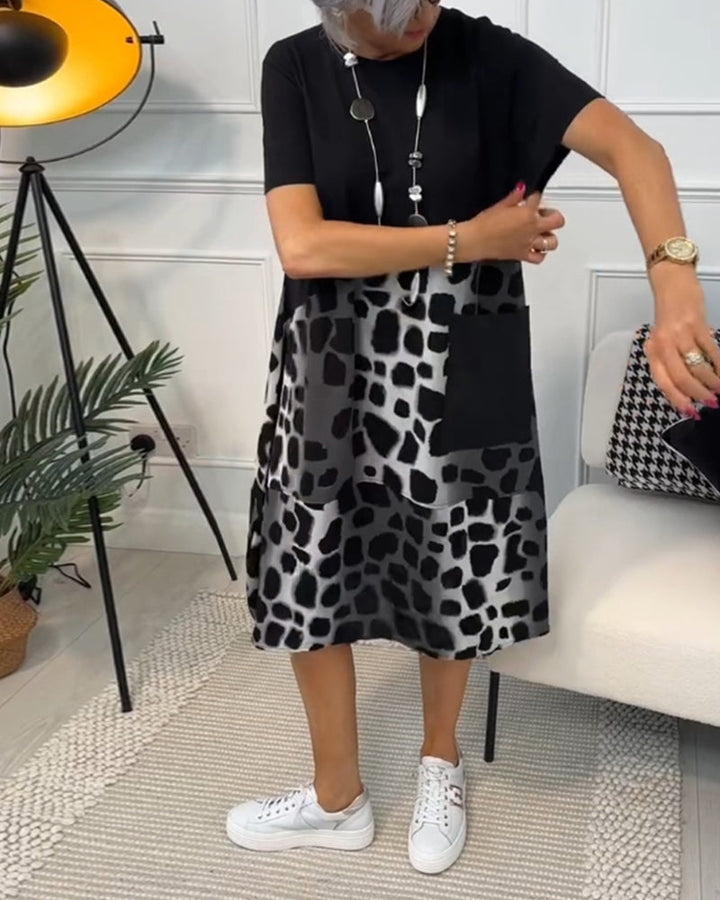 Allison - Şık Kısa Kollu Leopar Desenli Midi Elbise