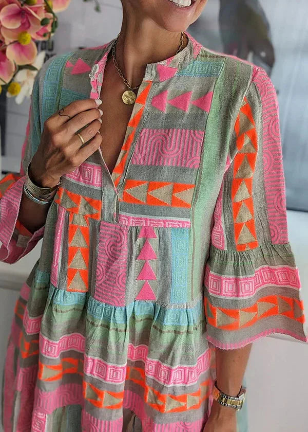 Ava - Şık V-Yaka Pamuk Kenevir Yaz Elbisesi