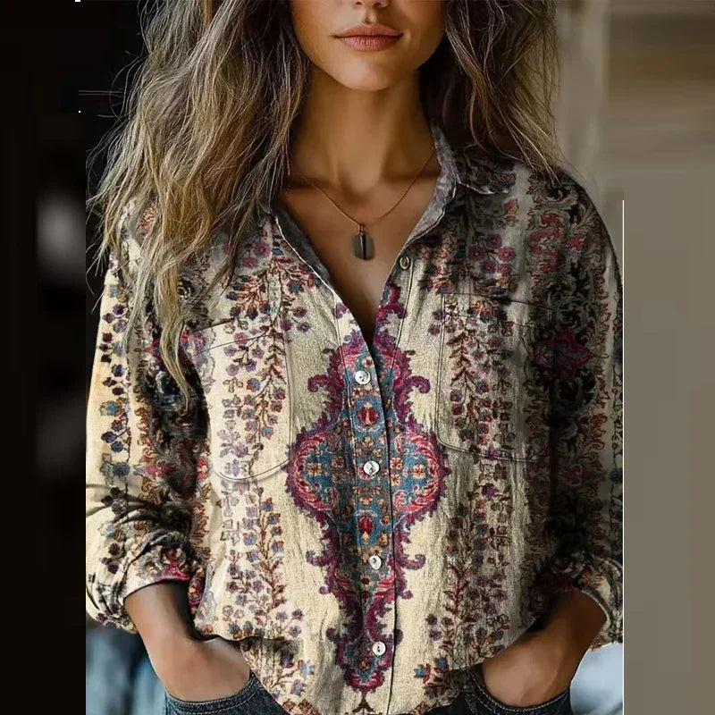 Hanneli - Bohem Desenli Vintage Bluz