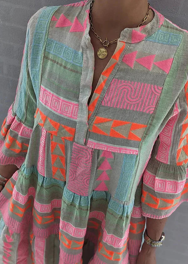 Ava - Şık V-Yaka Pamuk Kenevir Yaz Elbisesi