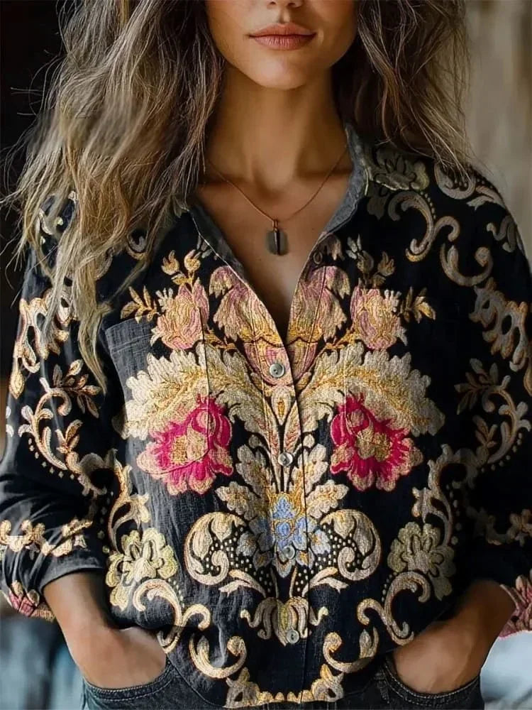 Ivara - Bohem Desenli Vintage Bluz
