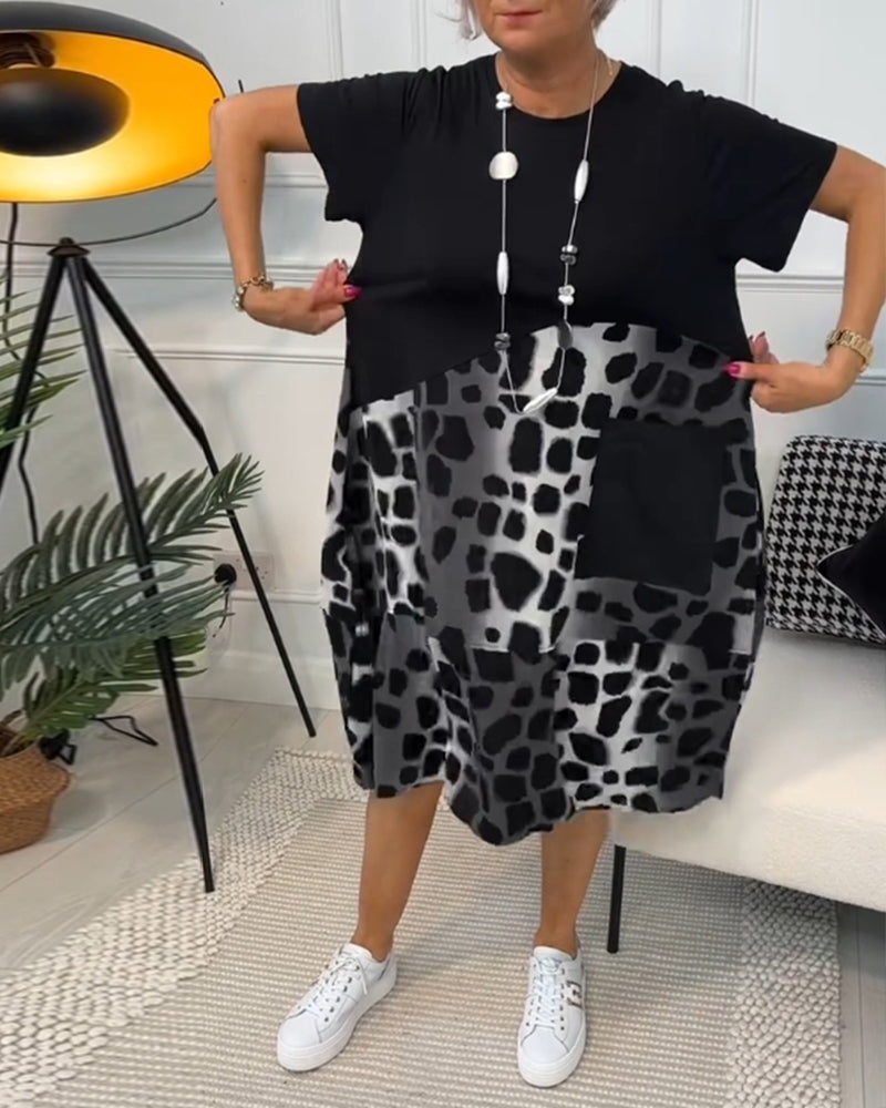 Allison - Şık Kısa Kollu Leopar Desenli Midi Elbise