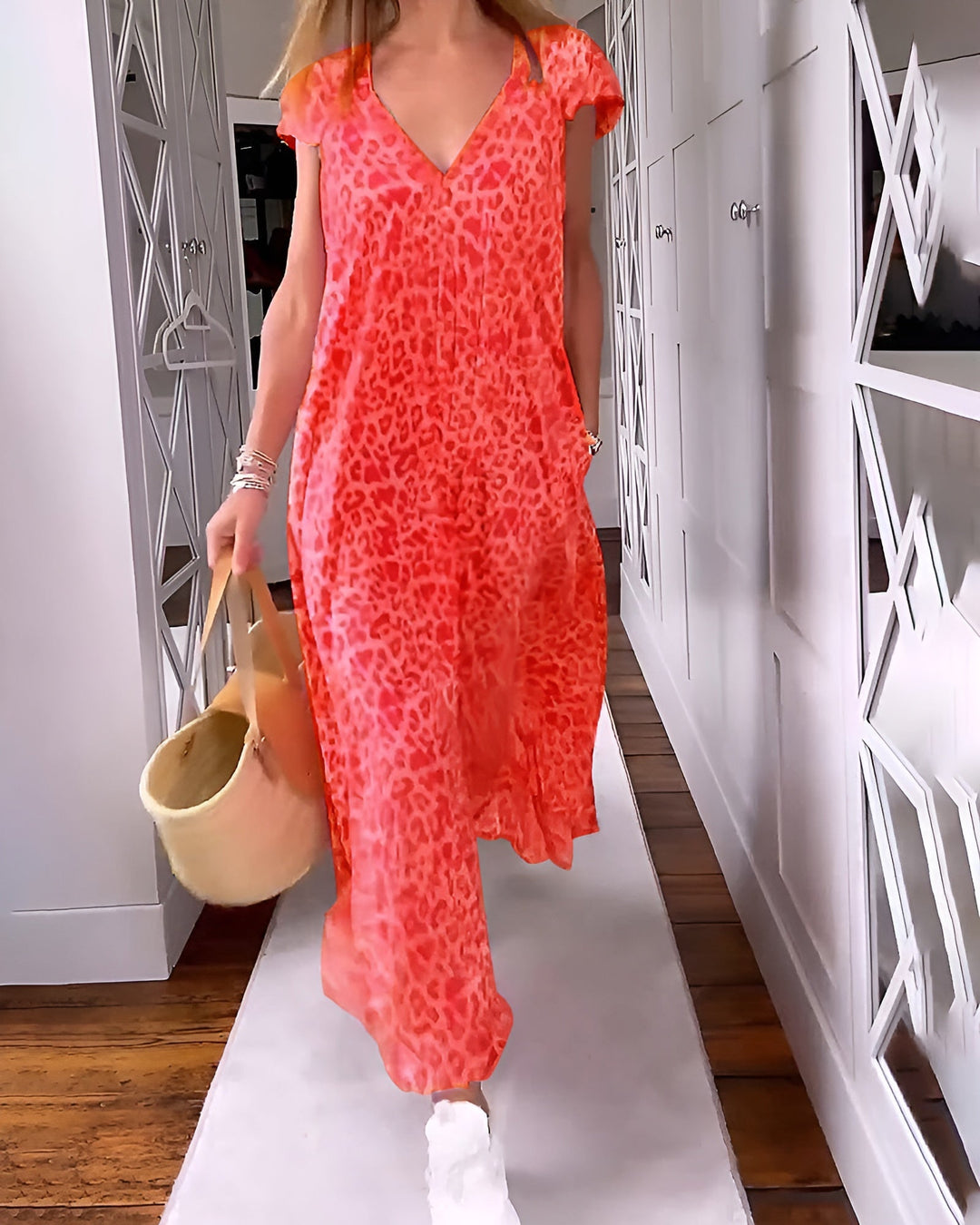 Weronika™ | Desenli uzun elbise ve kısa kollu