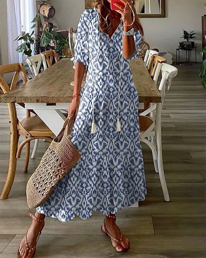 Sophia - Boho Vintage V Yaka Yaz Elbisesi