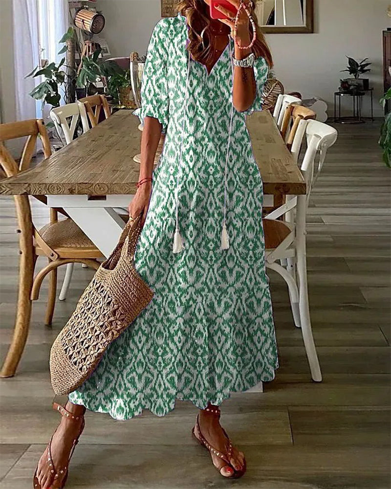 Sophia - Boho Vintage V Yaka Yaz Elbisesi