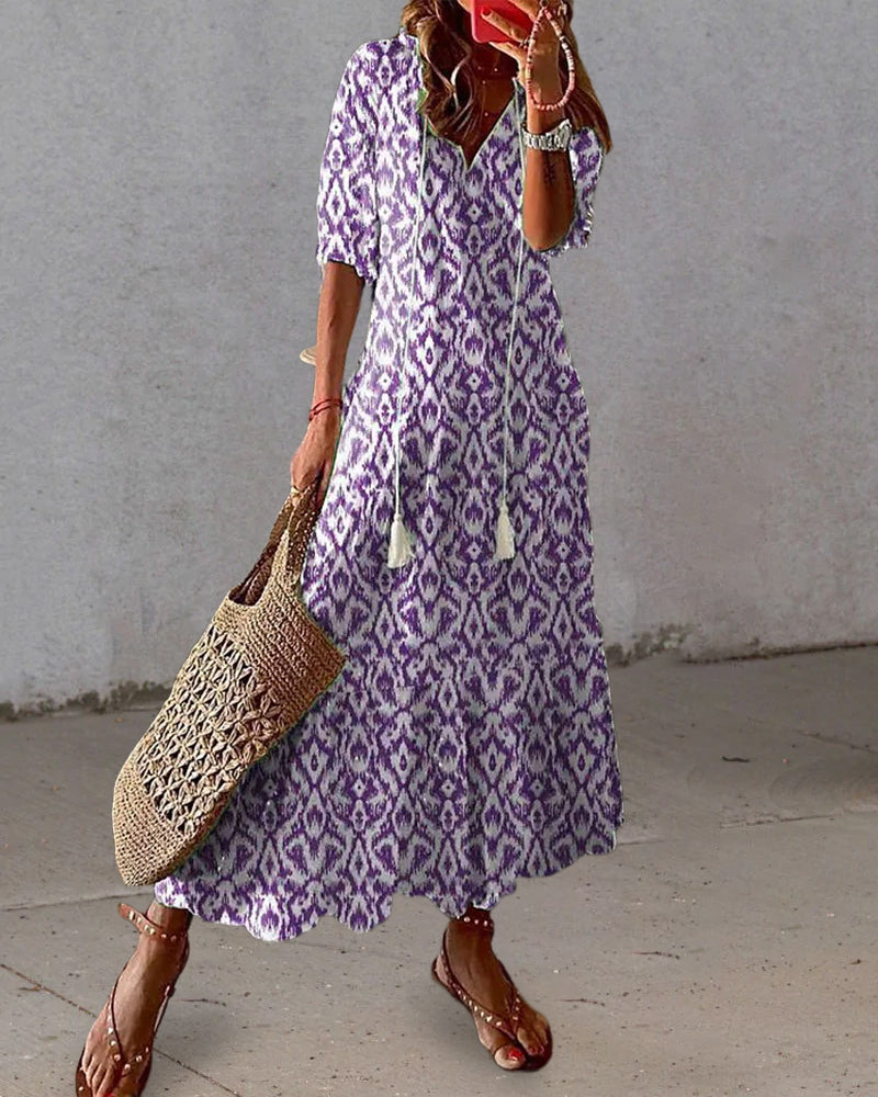 Sophia - Boho Vintage V Yaka Yaz Elbisesi