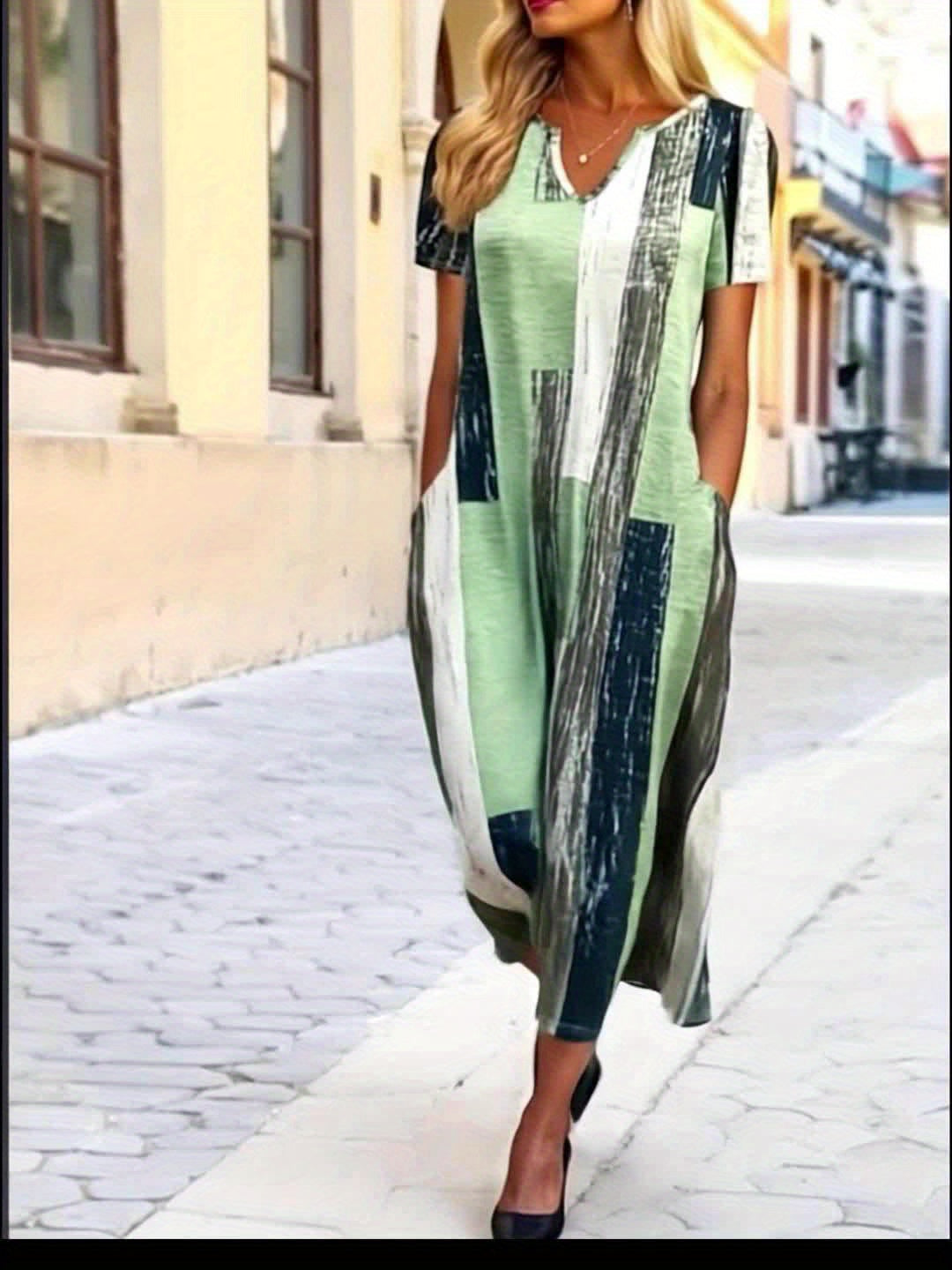 Beau™-Yeşil Çizgili Kısa Kollu Elbise