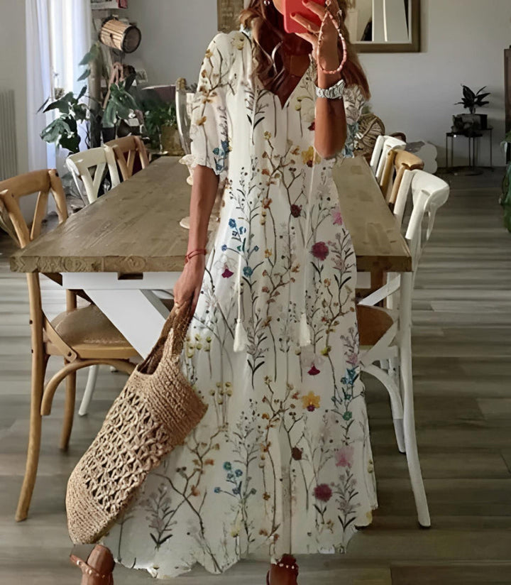 Sophia - Boho Vintage V Yaka Yaz Elbisesi