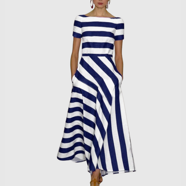 Madeline - Vonda Çizgili Off-Shoulder Maxi Elbise