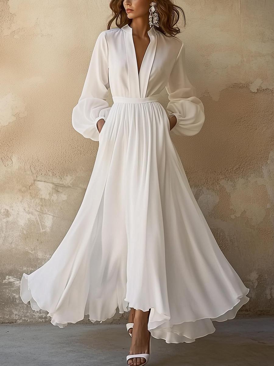 Laura - Vintage Tarzı Beyaz V Yaka Maxi Elbise