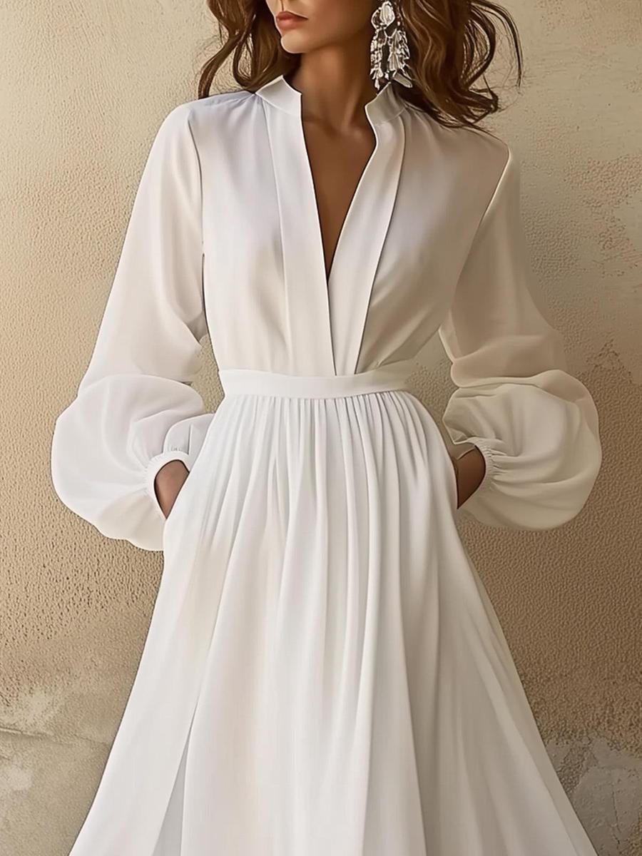 Laura - Vintage Tarzı Beyaz V Yaka Maxi Elbise