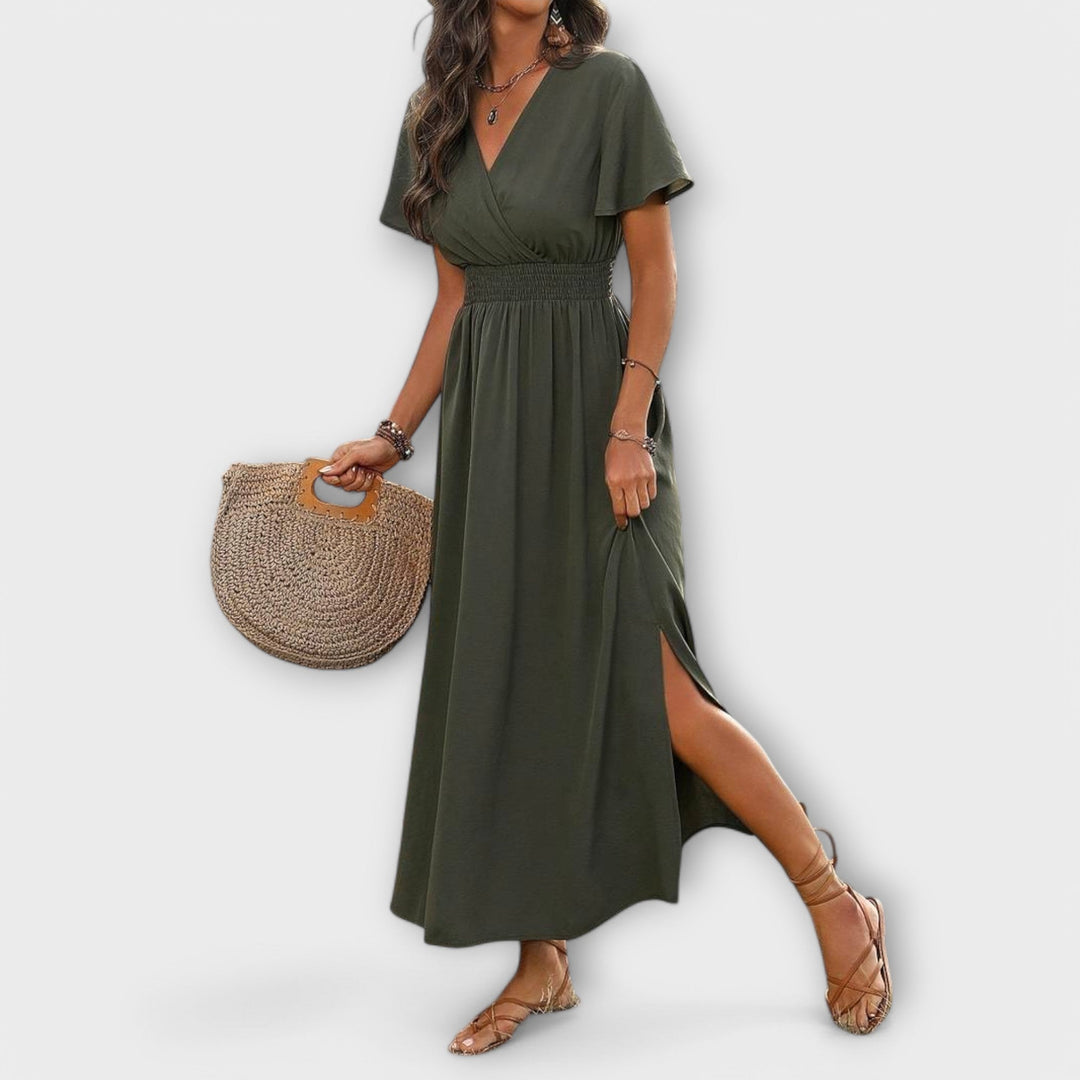 Heather - Şık Boho Elbise, V Yaka ve Uzun Kollu