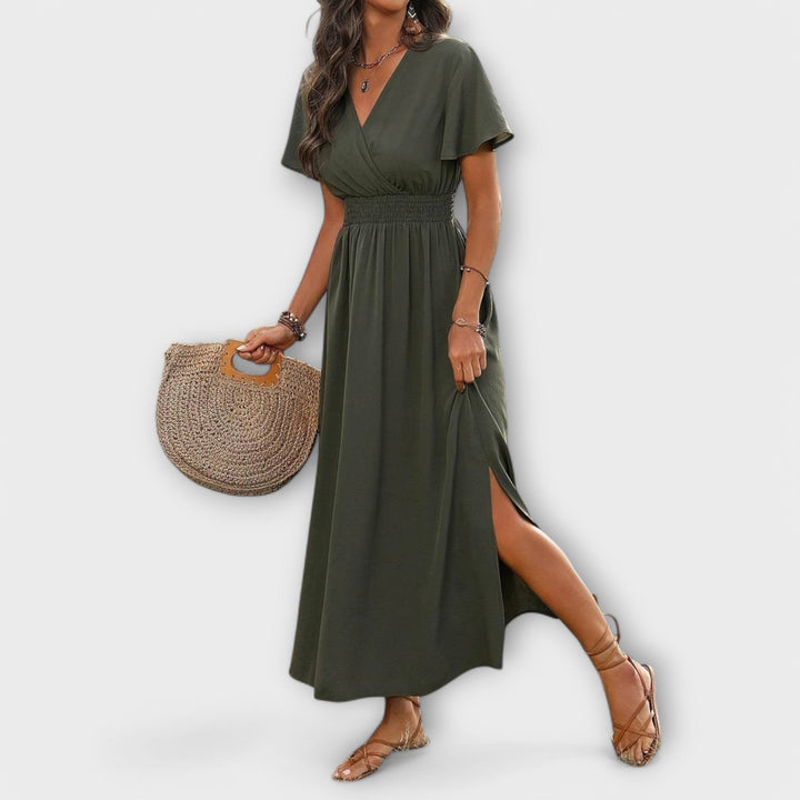 Heather - Şık Boho Elbise, V Yaka ve Uzun Kollu
