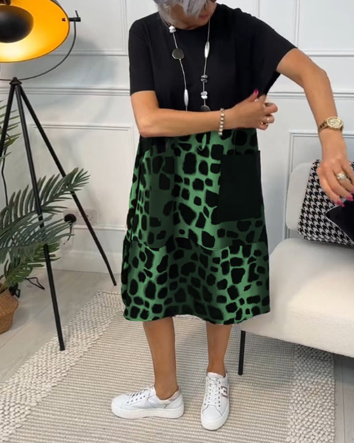 Allison - Şık Kısa Kollu Leopar Desenli Midi Elbise