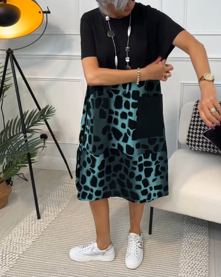 Allison - Şık Kısa Kollu Leopar Desenli Midi Elbise