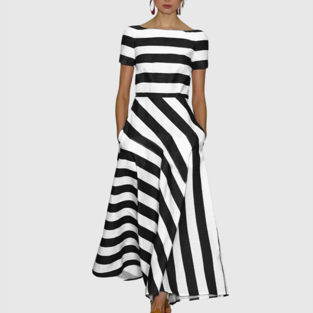 Madeline - Vonda Çizgili Off-Shoulder Maxi Elbise