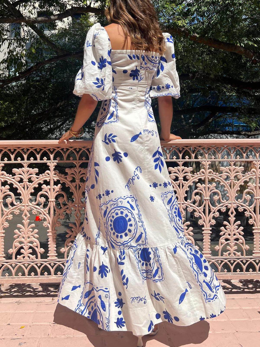 Puf Kollu Tatil Midi Elbisesi