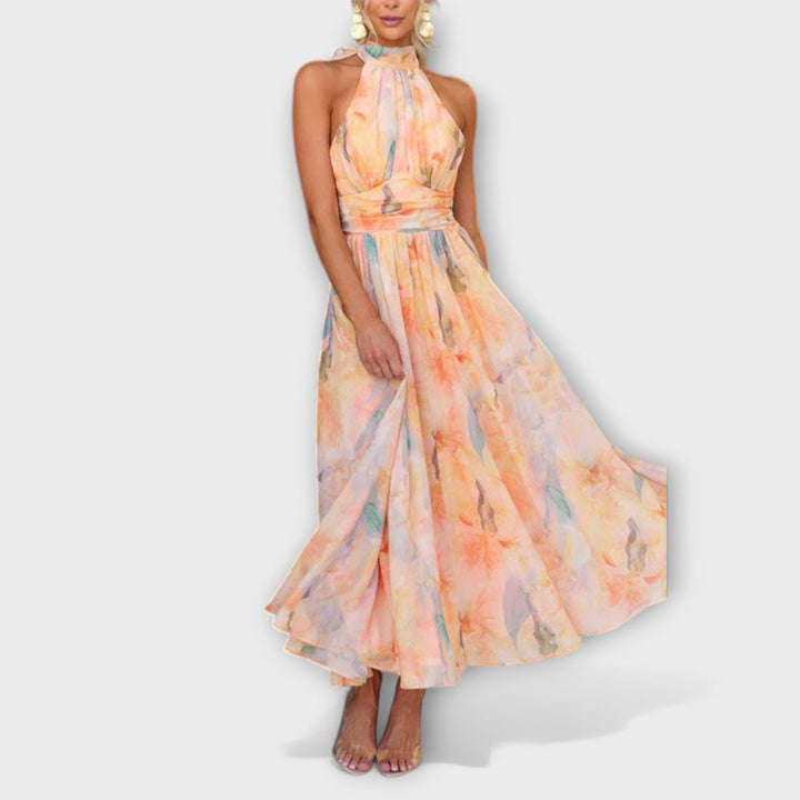 Halter Yaka Sulu Boya Baskılı Maxi Elbise