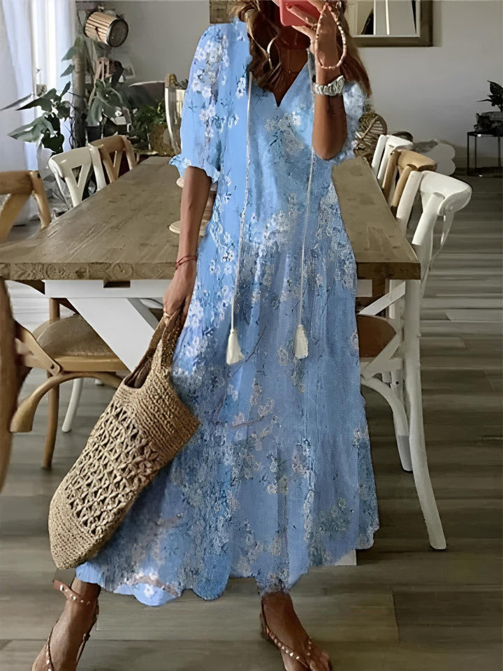 Sophia - Boho Vintage V Yaka Yaz Elbisesi
