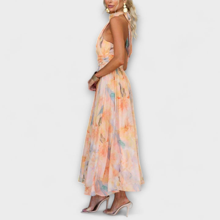 Halter Yaka Sulu Boya Baskılı Maxi Elbise