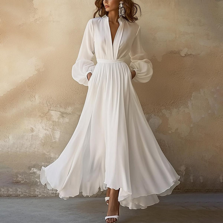 Laura - Vintage Tarzı Beyaz V Yaka Maxi Elbise