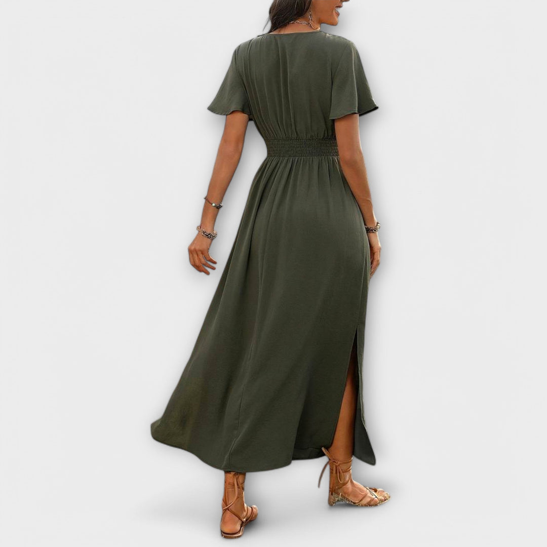 Heather - Şık Boho Elbise, V Yaka ve Uzun Kollu