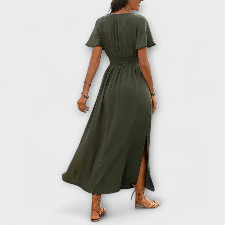 Heather - Şık Boho Elbise, V Yaka ve Uzun Kollu