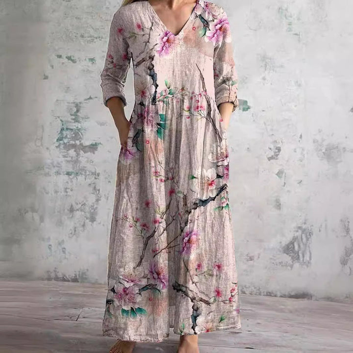 Fildişi - Çiçekli Şıklık Boho Maxi Elbise