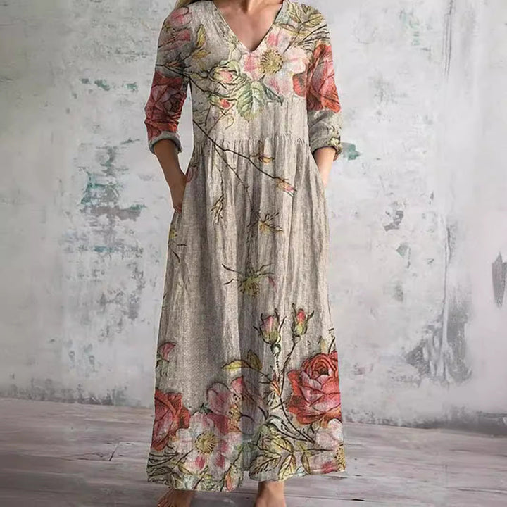 Fildişi - Çiçekli Şıklık Boho Maxi Elbise
