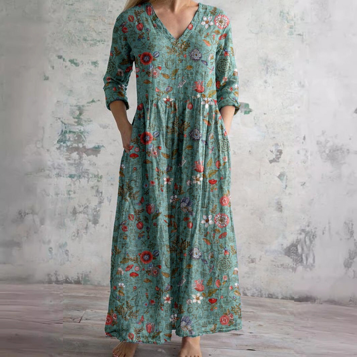 Fildişi - Çiçekli Şıklık Boho Maxi Elbise