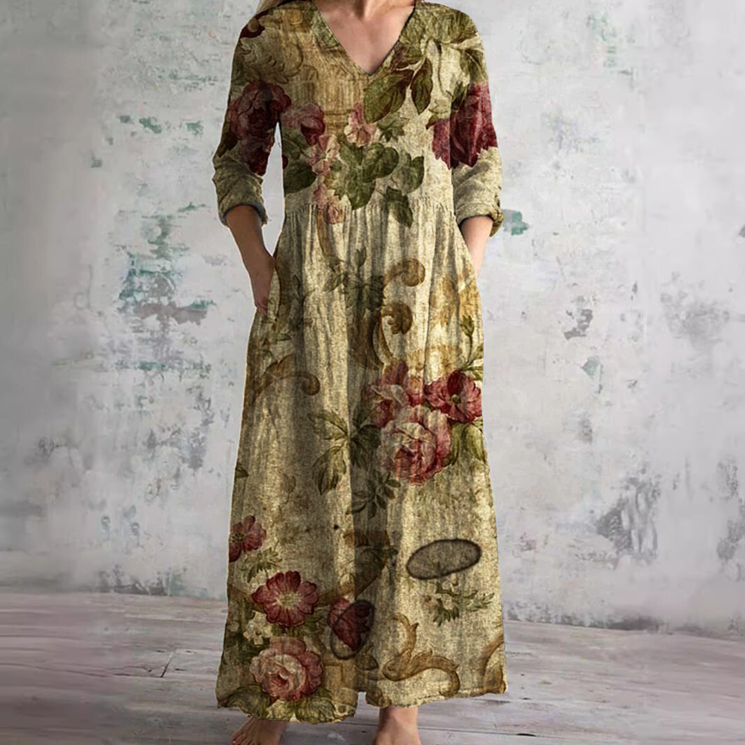 Fildişi - Çiçekli Şıklık Boho Maxi Elbise