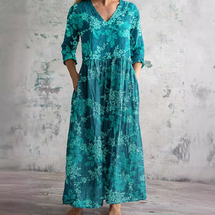 Fildişi - Çiçekli Şıklık Boho Maxi Elbise
