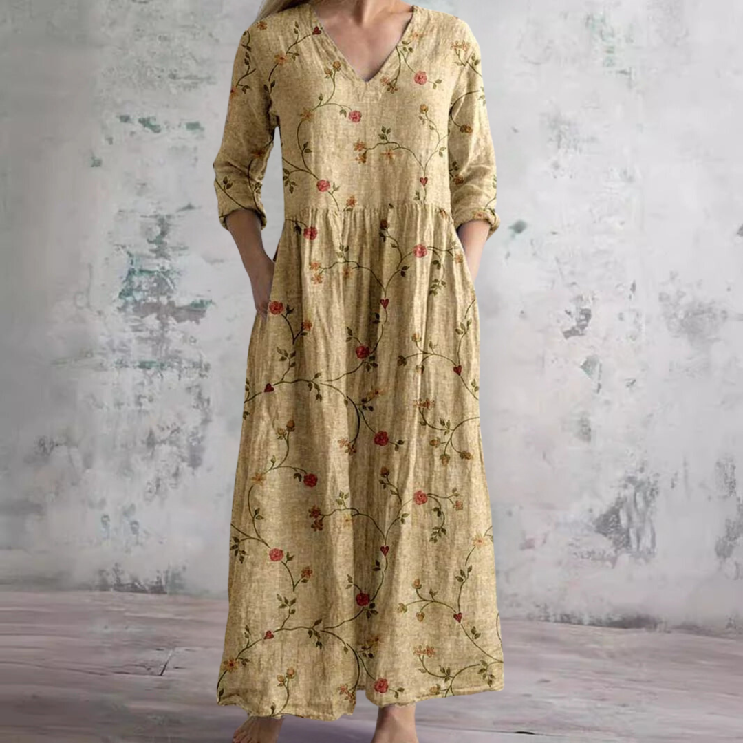 Fildişi - Çiçekli Şıklık Boho Maxi Elbise