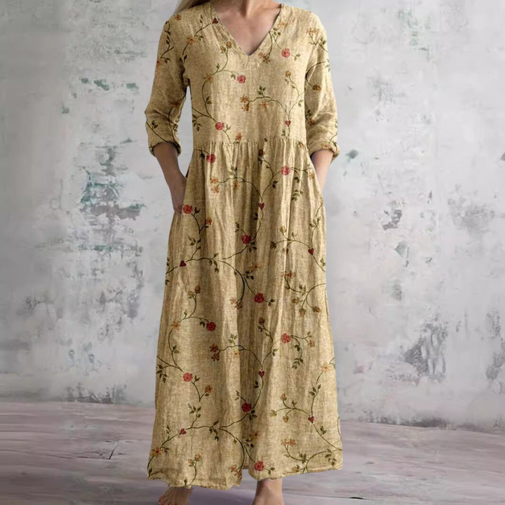 Fildişi - Çiçekli Şıklık Boho Maxi Elbise
