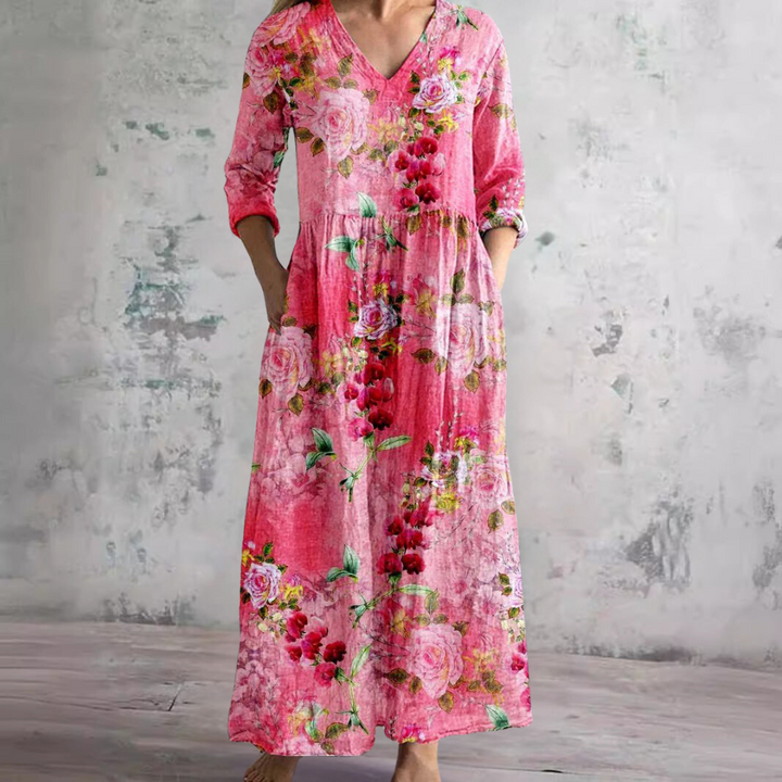 Fildişi - Çiçekli Şıklık Boho Maxi Elbise