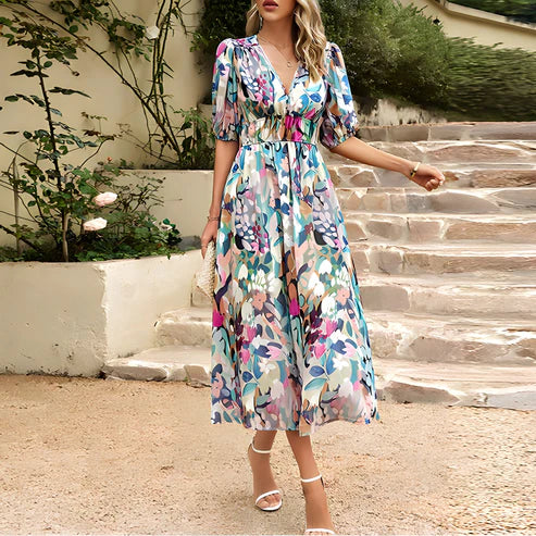 Everly - Vintage Glam Fener Kol Midi Elbise