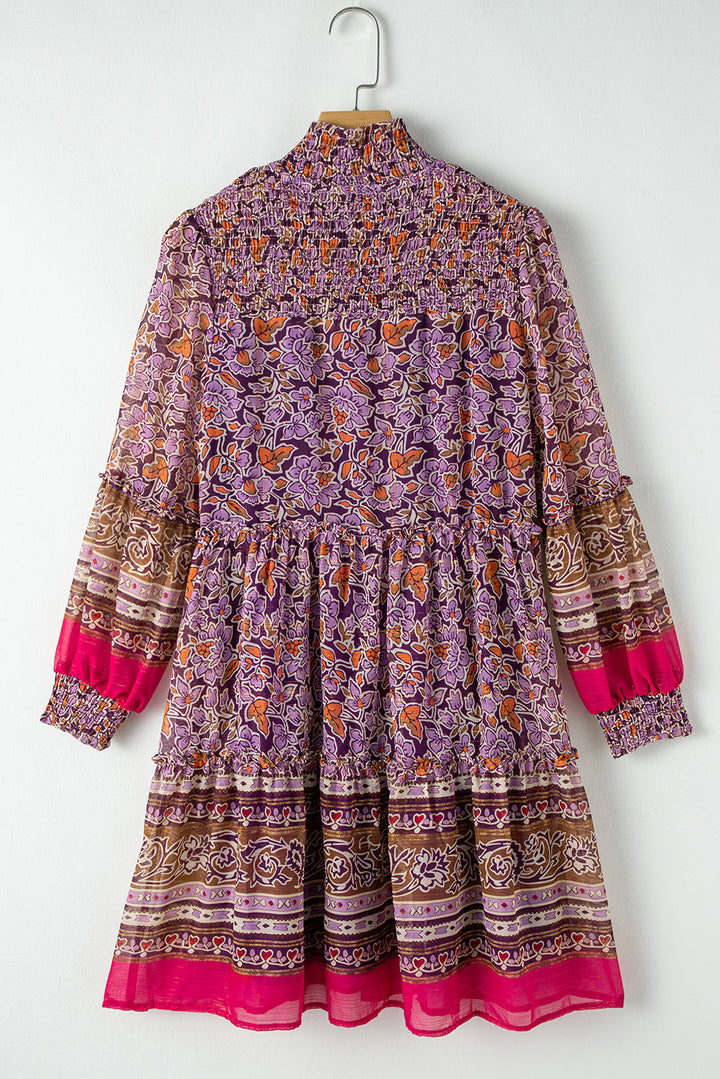 Kıvrımlı Puff Kol Yüksek Yaka Mini Elbise