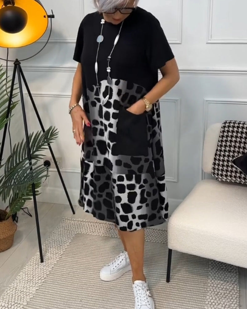 Allison - Şık Kısa Kollu Leopar Desenli Midi Elbise