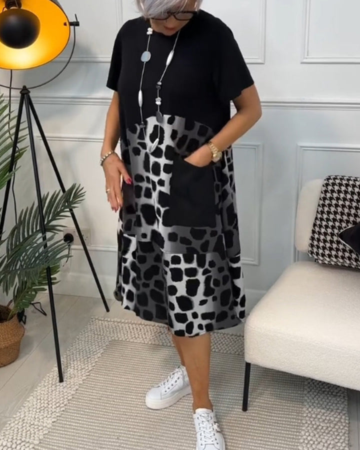Allison - Şık Kısa Kollu Leopar Desenli Midi Elbise