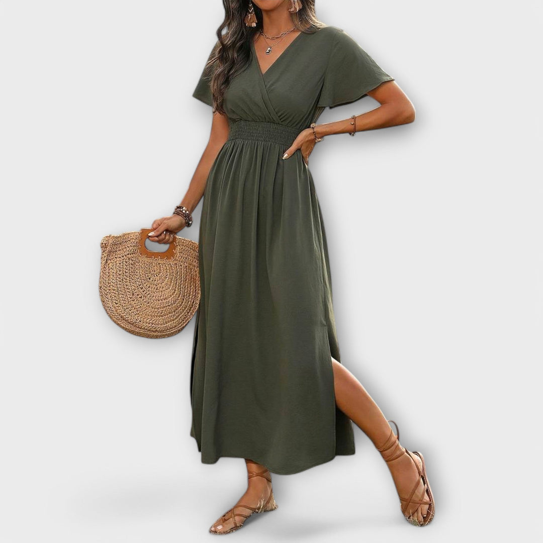 Heather - Şık Boho Elbise, V Yaka ve Uzun Kollu