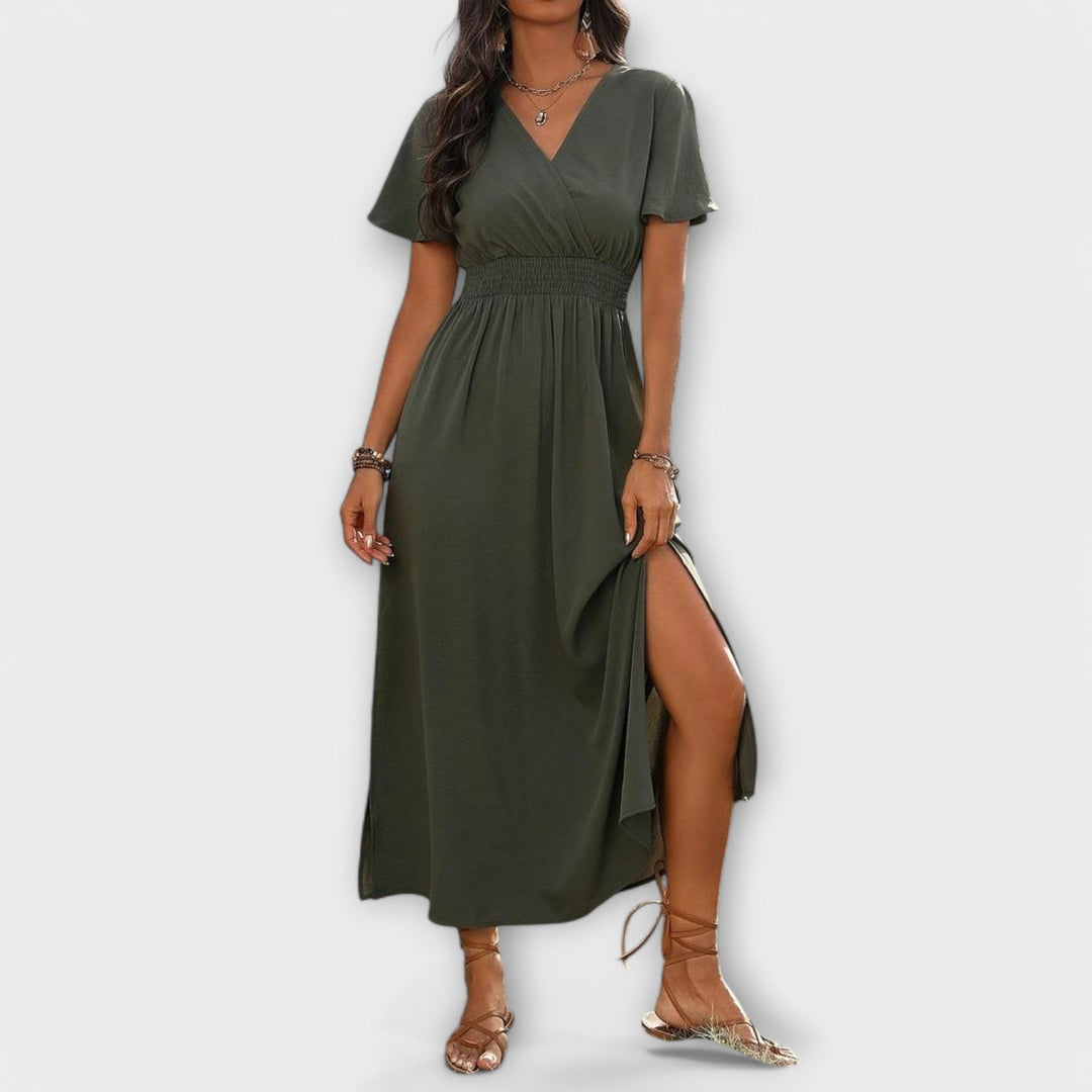 Heather - Şık Boho Elbise, V Yaka ve Uzun Kollu