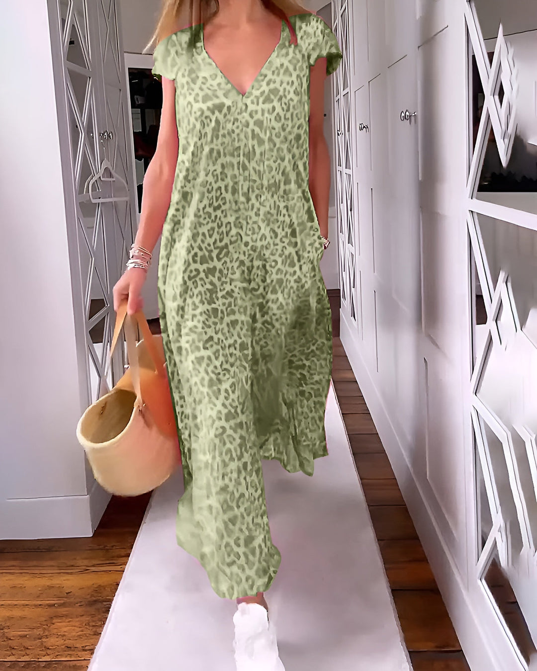 Weronika™ | Desenli uzun elbise ve kısa kollu