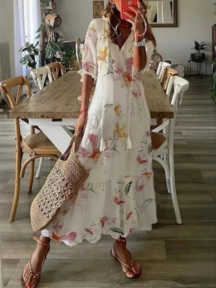 Sophia - Boho Vintage V Yaka Yaz Elbisesi