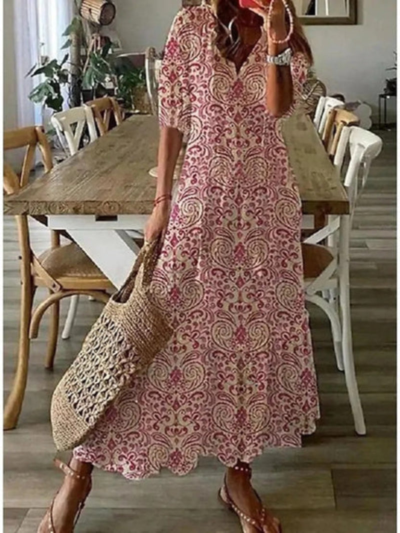 Sophia - Boho Vintage V Yaka Yaz Elbisesi