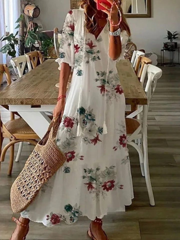 Sophia - Boho Vintage V Yaka Yaz Elbisesi